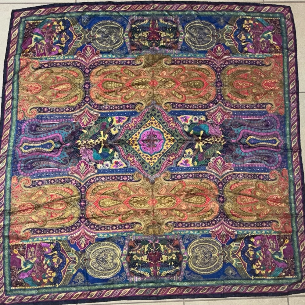 santostefano Square Scarf Made In Italy Pure Silk Colorful Paisley Rare 52”x 53”